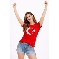 T-Shirt Kısa Kol Bisiklet Yaka Ay Yıldız Bayrak Baskılı Tişört - Kırmızı