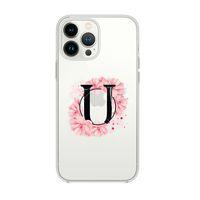 iPhone 13 Pro Max Pembe Çiçek Desen U Harfli Premium Şeffaf Silikon Kılıf