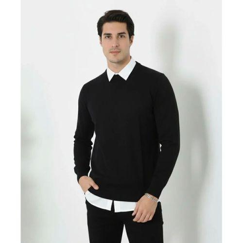 Erkek Bisiklet Yaka Triko Kazak Yumuşak Dokulu Pamuklu Ince Dokuma, Uzun Kollu Rahat Regular Kalıp - Siyah