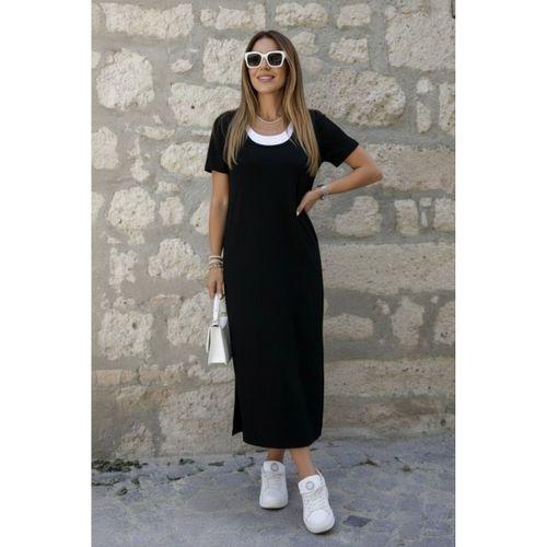 Kadın Kısa Kollu Içi Atlet Görünümlü Yandan Yırtmaçlı Uzun Viskon Elbise