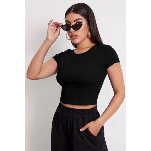 Kadın Siyah Yuvarlak Yaka Yarım Kol Crop Top Bluz