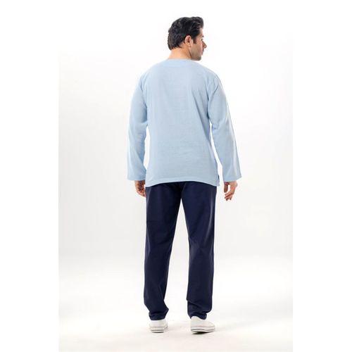 Büyük Beden Şile Bezi Uzun Kol Zımbalı Erkek Yazlık Tshirt Buz Mavi 3027