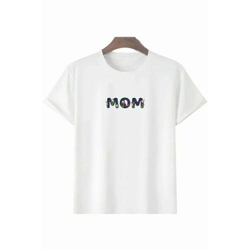 Anneler Günü Hediye Mom Çiçek Baskılı Oversize Bisiklet Yaka T-shirt - Beyaz