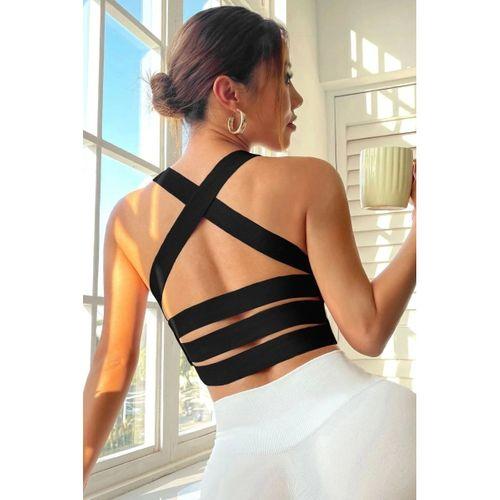 Kadın Siyah Modern Fit Sırtı Çapraz Lastik Detaylı Crop Top Bluz