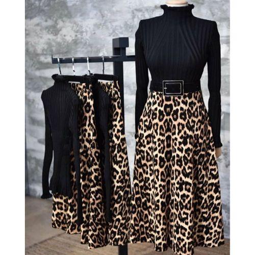 Kadın Beli Lastikli Leopar Desenli Krep Kumaş Efsane Etek Kemersiz