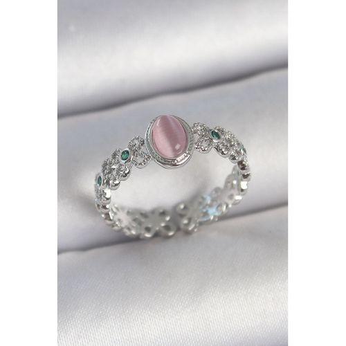 Pirinç Gümüş Renk Zirkon Taş Detaylı Pembe Mineli Damla Model Ayarlanabilir Kadın Yüzük