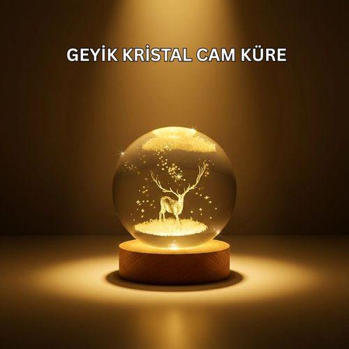 Usb Bağlantılı Geyik Temalı Kristal Küre Premium Masa Gece Lambası
