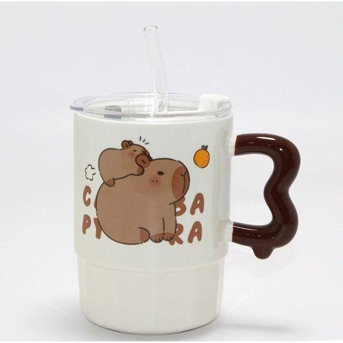 Sevimli Capybara Figürlü Kapaklı Porselen Kupa Bardak Alk5040