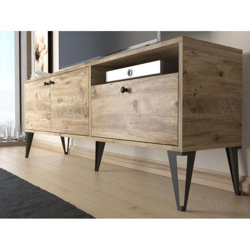 Wood'n Love Atoka 160 Cm Metal Ayaklı Dolaplı, Minifiks Bağlantı Tv Ünitesi - Atlantik Çam / Siyah