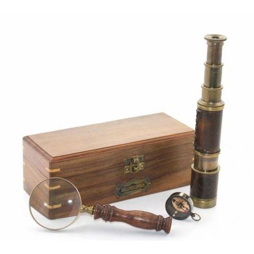Ahşap Kutu Pirinç Pusula, Dürbün, Büyüteç, Seti Model 2