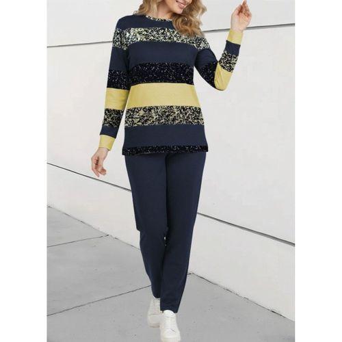 Kadın Uzun Kollu Bisiklet Yaka çizgili Desen Iki Iplik Bluz Ve Pantolon Ikili Takım