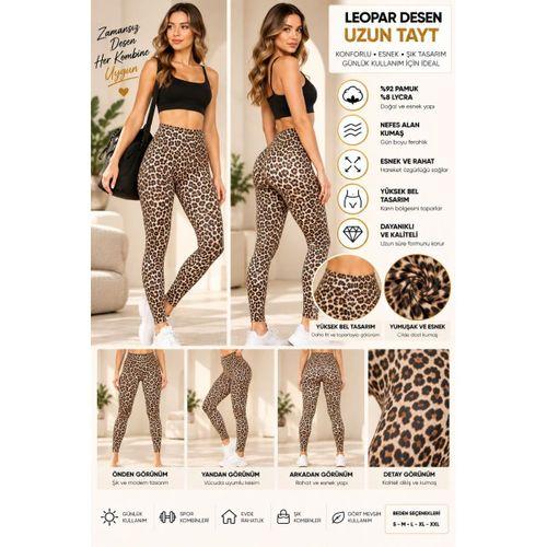 Kadın Leopar Desenli Yüksek Bel Uzun Tayt – %92 Pamuk %8 Lycra, Esnek Kumaş - ryl - 3005
