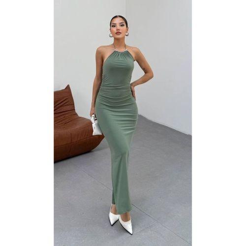 Kadın Halter Yaka Sırt Dekolteli Sandy Kumaş Maxi Boy Elbise