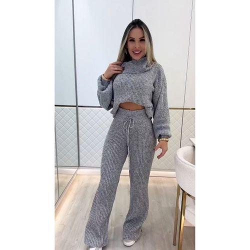 Kadın Uzun Kollu Balıkçı Yaka Kısa Triko Bluz Ve Pantolon Ikili Takım