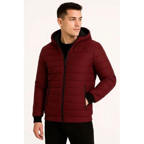 Erkek Şişme Kapüşonlu Fermuarlı Mont Su Itici Kapitone Astarlı Kumaş Cepli Kışlık Rahat Kalıp - Bordo