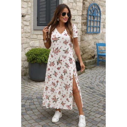 Kadın Kısa Kollu V Yakalı Maksi Boy Viskon Elbise