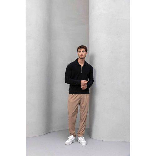 Eric Relax Fit Yarım Fermuarlı Polo Yaka Selanik Kumaş Erkek Sweatshirt - Siyah