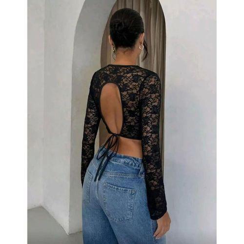 Uzun Kollu Dantel Crop Kadın Arkası Dekolteli Bağcıklı Esnek Şık Üst