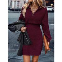 Kadın Uzun Kollu Yakası Fermuarlı Mini Triko Elbise