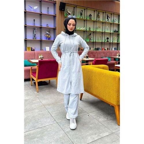 Kapşonlu Belden Bağlamalı Fermuarlı Sade Basic Uzun Tunik ve Pantolon İkili Spor Takım - 03065.008 - Gri