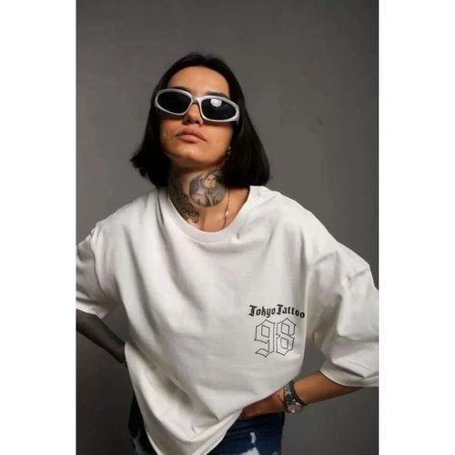 Pilelistore Unisex Bisiklet Yaka Baskılı Oversize T-Shirt - Beyaz