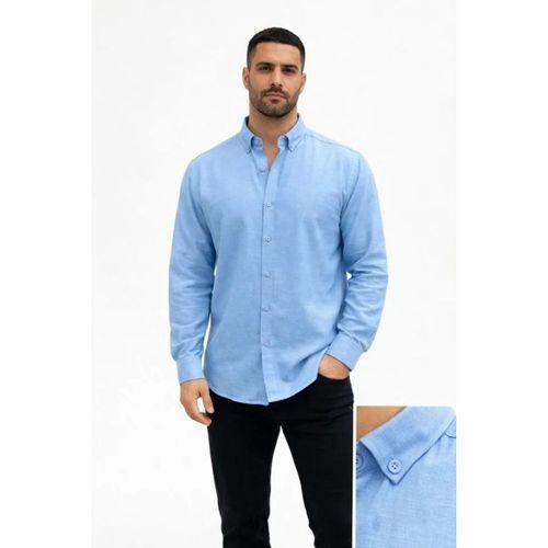 Erkek KETEN Kumaş Oversize Uzun Kollu Rahat Kalıp Gömlek - Açık Mavi