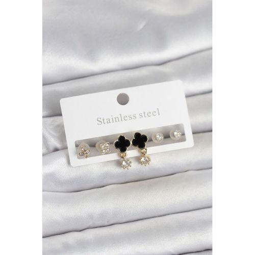 316L Çelik Gold Renk Yonca Detaylı Kadın Küpe Seti