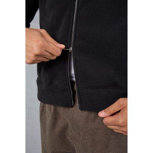 Ron Selanik Örme İçi Peluş Çift Fermuarlı Dik Yaka Erkek Hırka Sweatshirt  - Siyah
