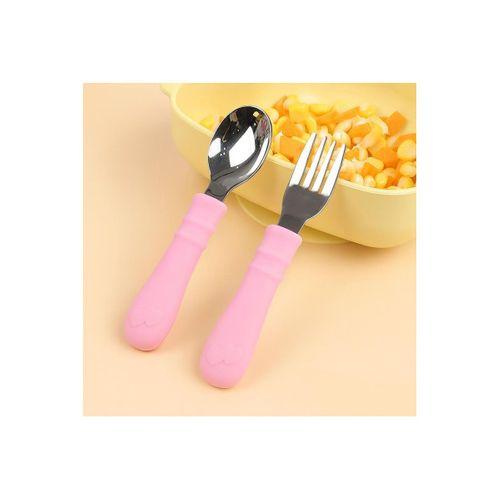 Silikon Saplı Paslanmaz Çelik Bebek Kaşık Çatal Seti Açık Pembe