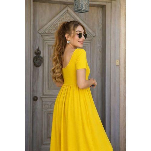 Kadın Kısa Kollu Yuvarlak Yaka önden Yırtmaçlı Cepli Viskon Uzun Elbise