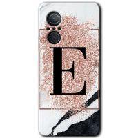 MRCİLETİSİM Huawei Nova 9 SE Kılıf HD Desen Baskılı Arka Kapak+Temperli Cam - Pembe Mermer Desenli E Harfi