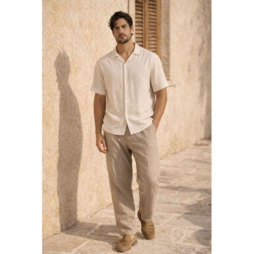 Doris Oversize Kalıp Odessa Kumaş Resort Yaka Kısa Kollu Erkek Gömlek - Bej