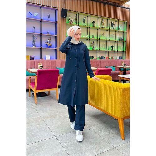 Kapşonlu Düğmeli Sade Basic Uzun Tunik ve Pantolon İkili Spor Takım - 03072.015 - Lacivert