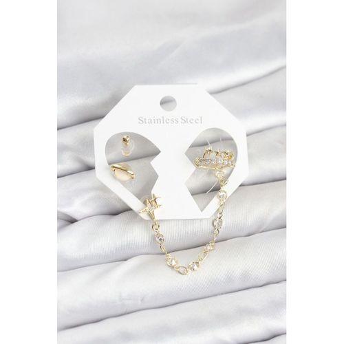 Pirinç Gold Renk Uzay Model Zincir Bağlantılı Ear Cuff Küpe Seti