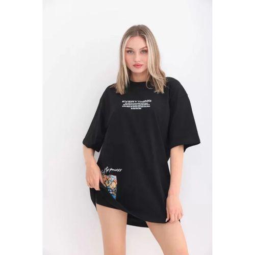 Pilelistore Unisex Bisiklet Yaka Baskılı Oversize T-Shirt - Siyah