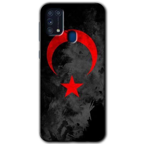 MRCİLETİSİM Samsung Galaxy M31 Kılıf Baskılı Kapak - Black Ayyıldız +Tam Kaplayan Mat Seramik