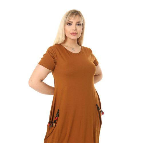 Melsay Butik Hardal Püsküllü Cepli Kısa Kollu Midi Elbise