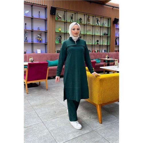 Dik Yaka Kısa Fermuarlı Yırtmaçlı Sade Basic Uzun Tunik ve Pantolon İkili Spor Takım - 03062.021 - Nefti