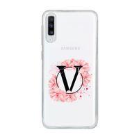 Samsung A70 Pembe Çiçek Desen V Harfli Şeffaf Kılıf