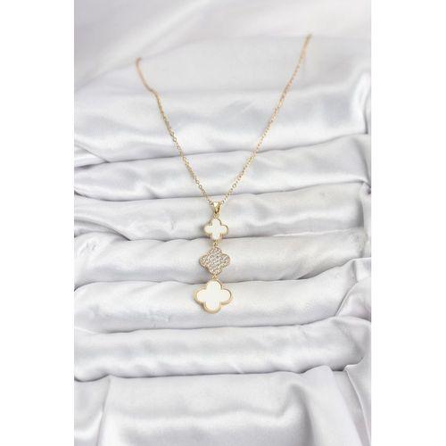 316L Çelik Zincir Gold Renk Yonca Detaylı Zirkon Taşlı Kadın Kolye