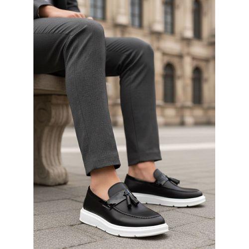 BA0005 Bağcıksız Yüksek Taban Klasik Püsküllü Corcik Erkek Ayakkabı Siyah Beyaz