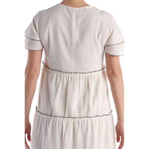 Kısa Kol Pullu Krem V Yaka Şile Bezi Yazlık Midi Boy Elbise