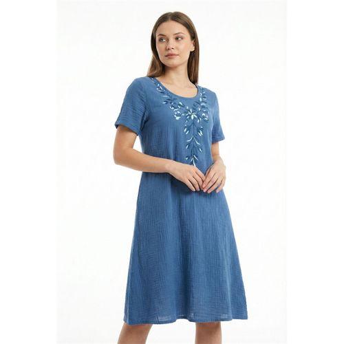 Kısa Kol Lidya Bisiklet Yaka Nakışlı Yazlık Kısa Müslin Elbise İndigo indg