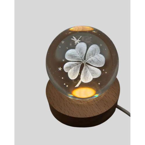 Bitki Temalı Led Işıklı Cam Küre Ahşap Standlı Modern Gece Lambası