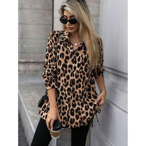 Kadın Uzun Kollu Yakalı önden Düğmeli Yandan Bağcıklı Leopar Desenli Modal Bluz