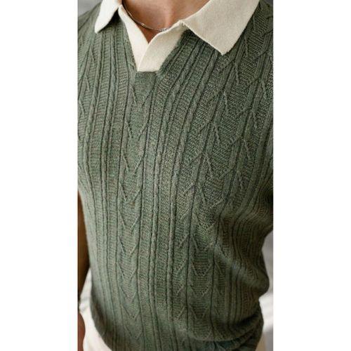 Erkek Desenli Kısa Kollu Triko Tişört - %100 Pamuk Akrilik