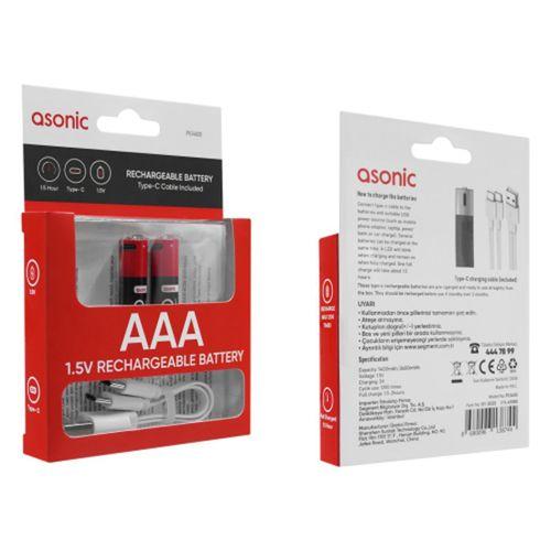 ASONIC PL1400, AA, Şarjlı Pil, 1.5Volt, 1400mAh/2600mwh, Type-C ile Kolay Şarj,  2 li Paket (USB To Type-C Kablo Hediye)