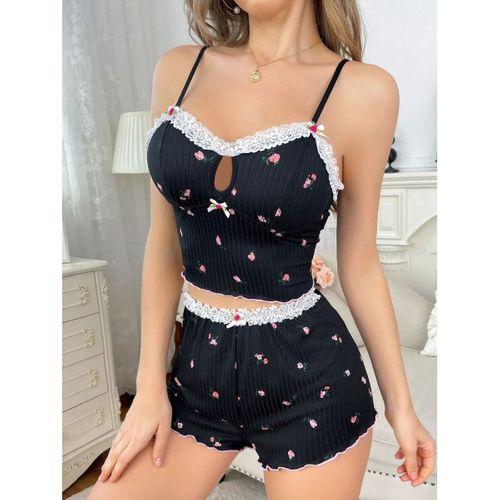 Yumuşak Kumaşlı Çiçekli Şortlu Dantelli Gecelik Takımı, Rahat Ve Şık Ev Giyim,kadın Pijama