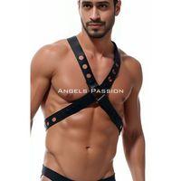 Yuvarlak Detaylı X Harness - Şık Erkek  Göğüs Harness, Deri Harness - Brfm219