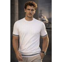 Dale Kolları Şeritli Bisiklet Yaka İnce Triko Örme Regular Fit Erkek T-Shirt - Ekru